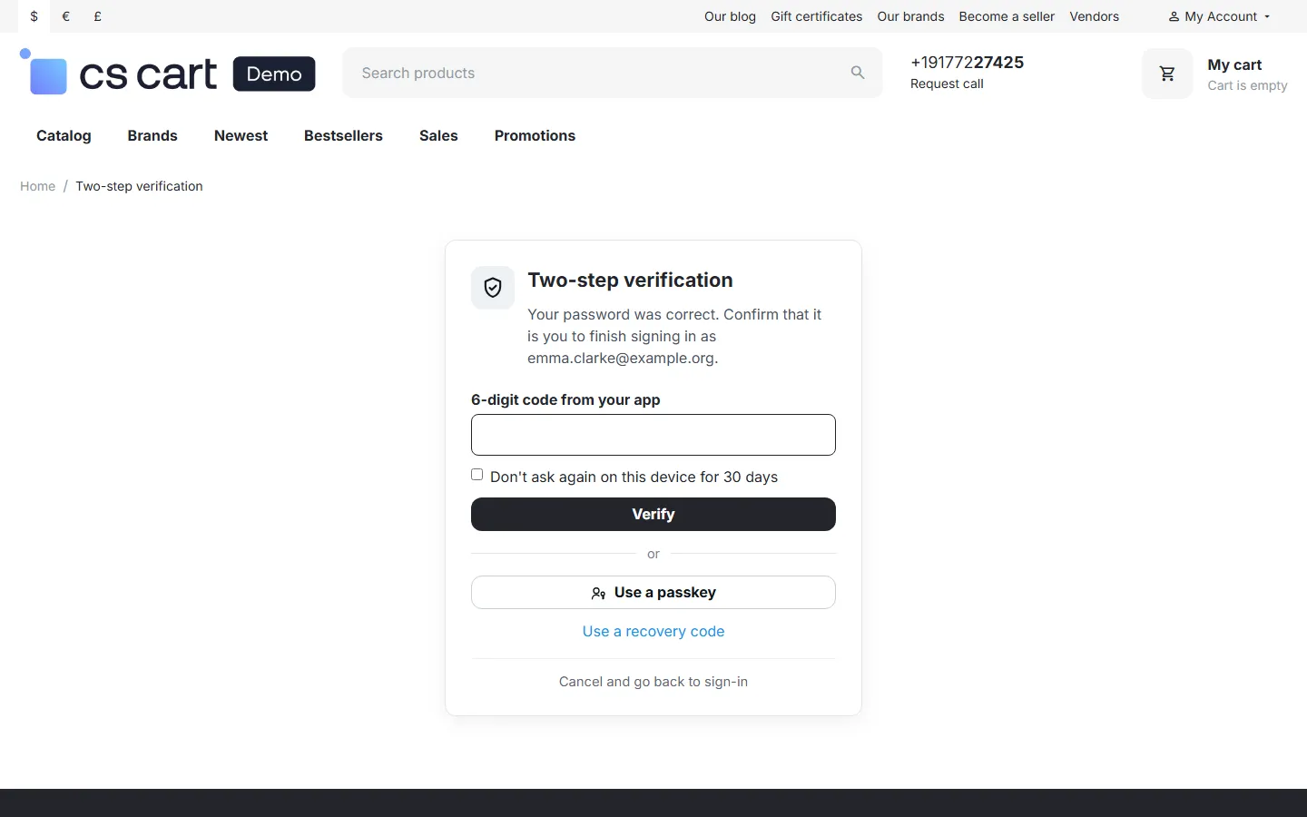 Second sign-in step on the storefront
