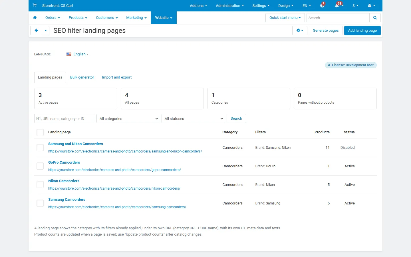 Admin list: landing URLs, category, filters, product counts and status.