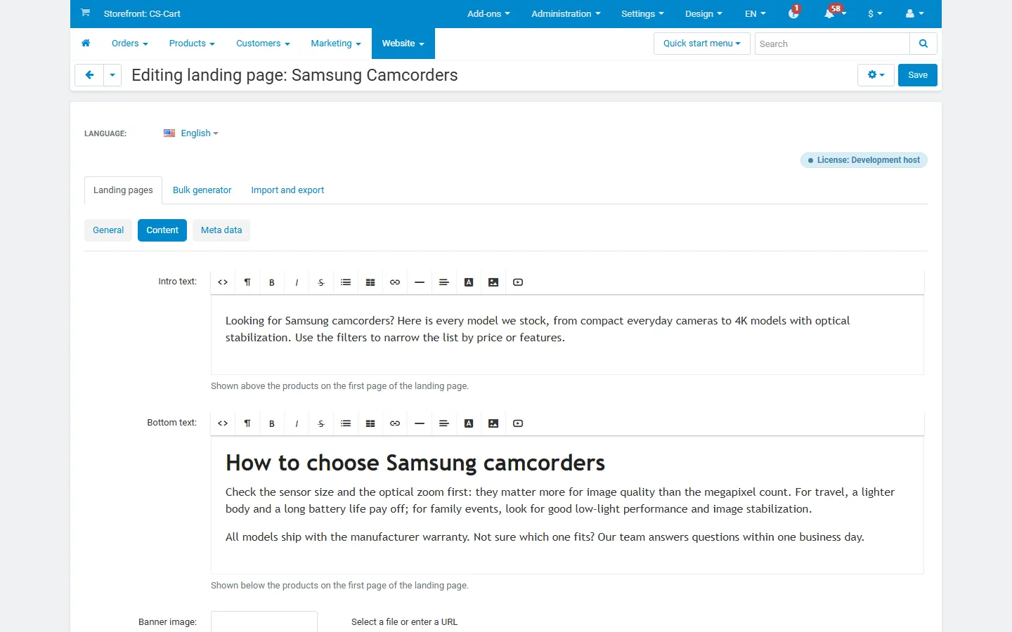 Editor, Content tab: intro and bottom text (WYSIWYG) and the banner.