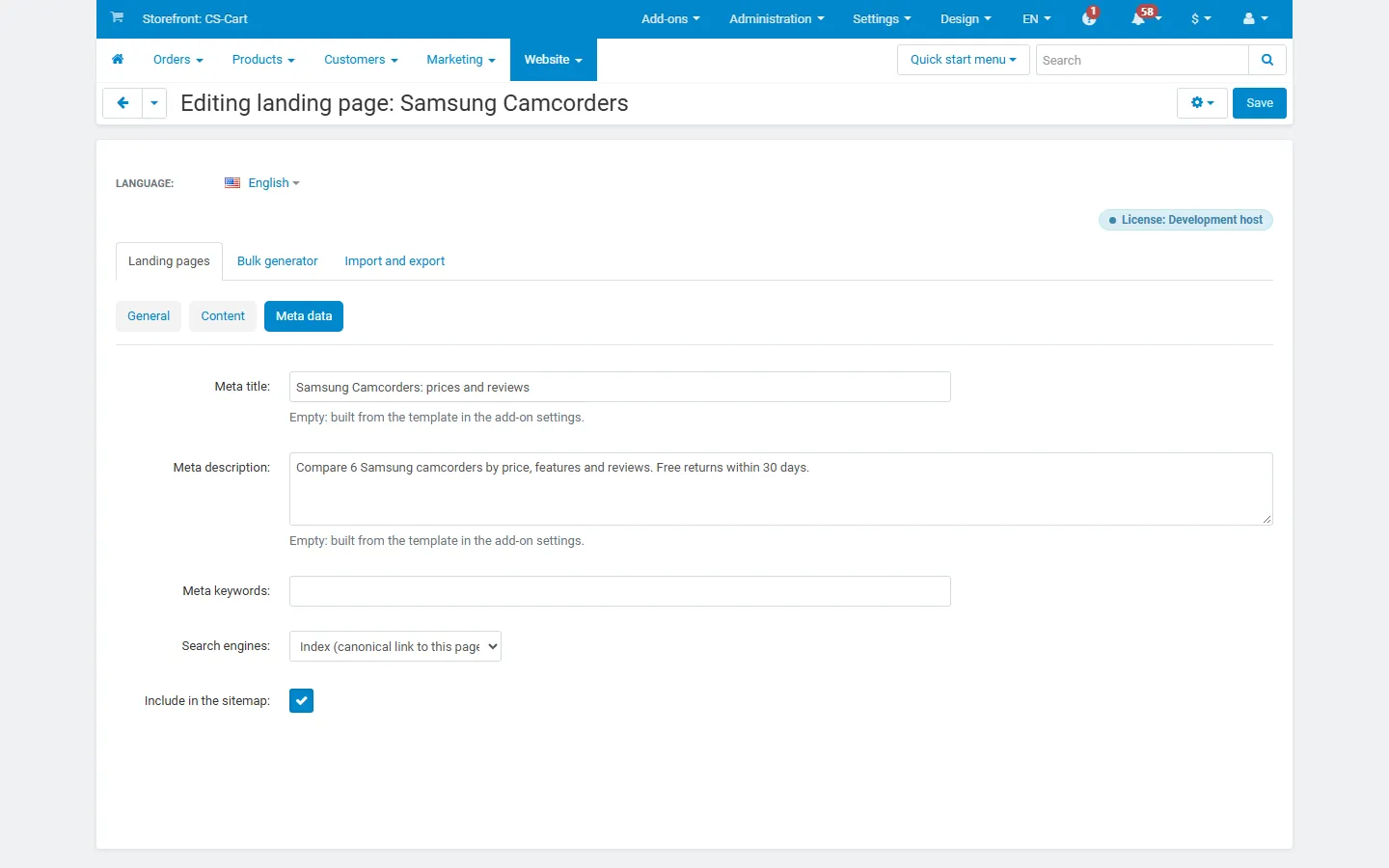 Editor, Meta data tab: meta title, description, keywords, index/noindex and sitemap.