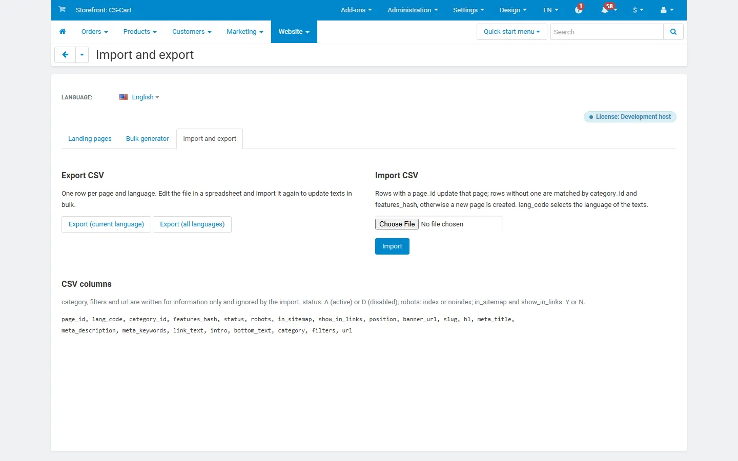 CSV export (one row per page and language) and import.