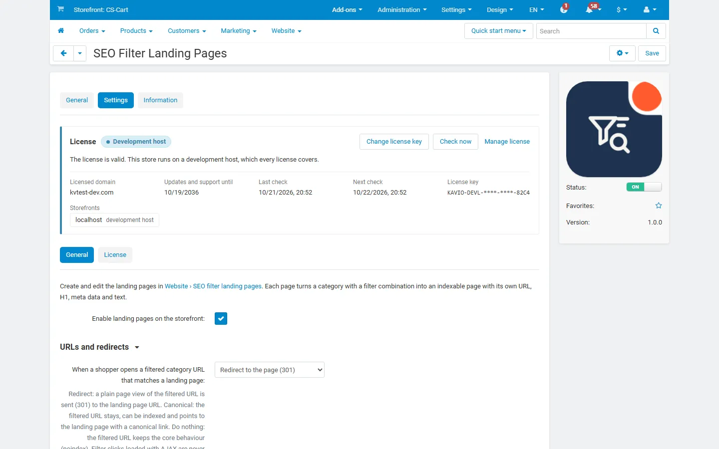 Add-on settings: License card, redirect/canonical mode for filtered URLs and the other options.