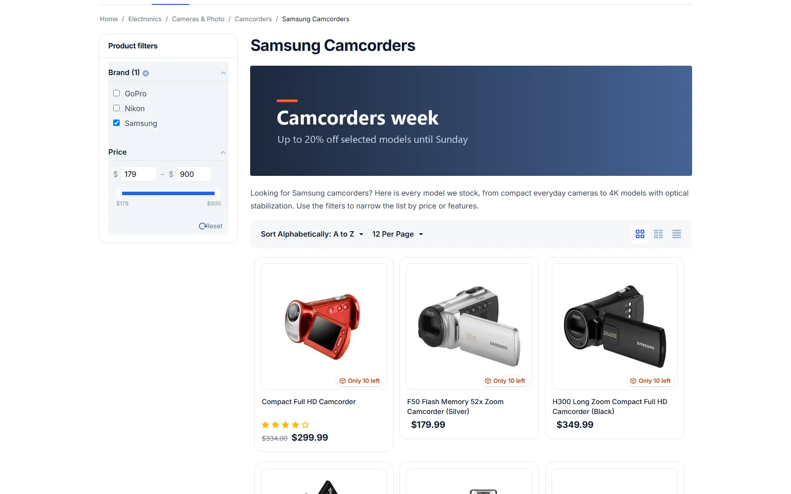 Landing page “Samsung Camcorders”: own H1, banner, intro text and the filtered products under /camcorders/samsung-camcorders/.