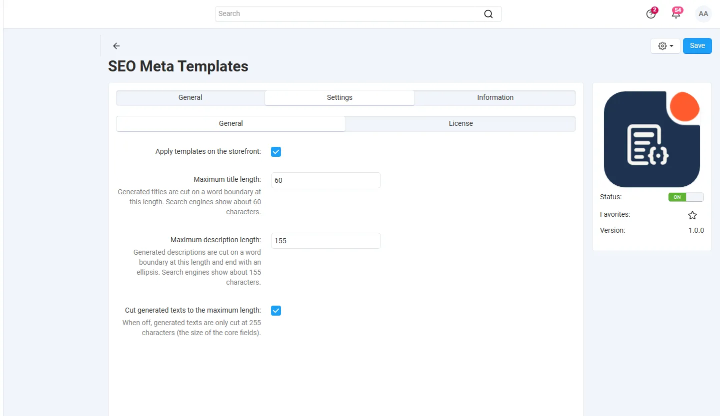 Settings: apply on the storefront, maximum title and description length, truncation.