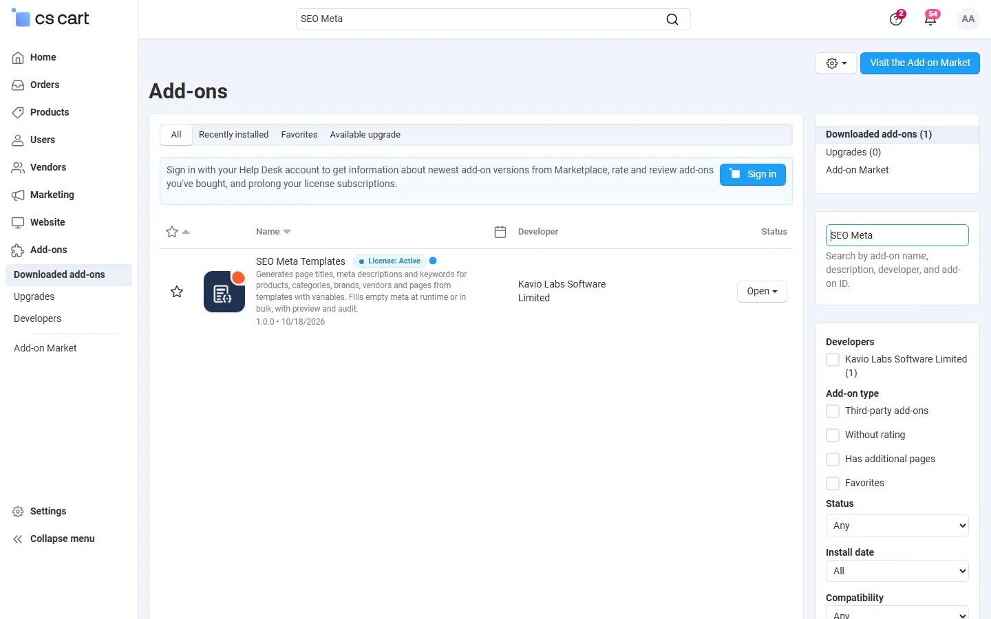 Downloaded add-ons searched for “SEO Meta” (Multi-Vendor 4.21.2). With the add-on icon.