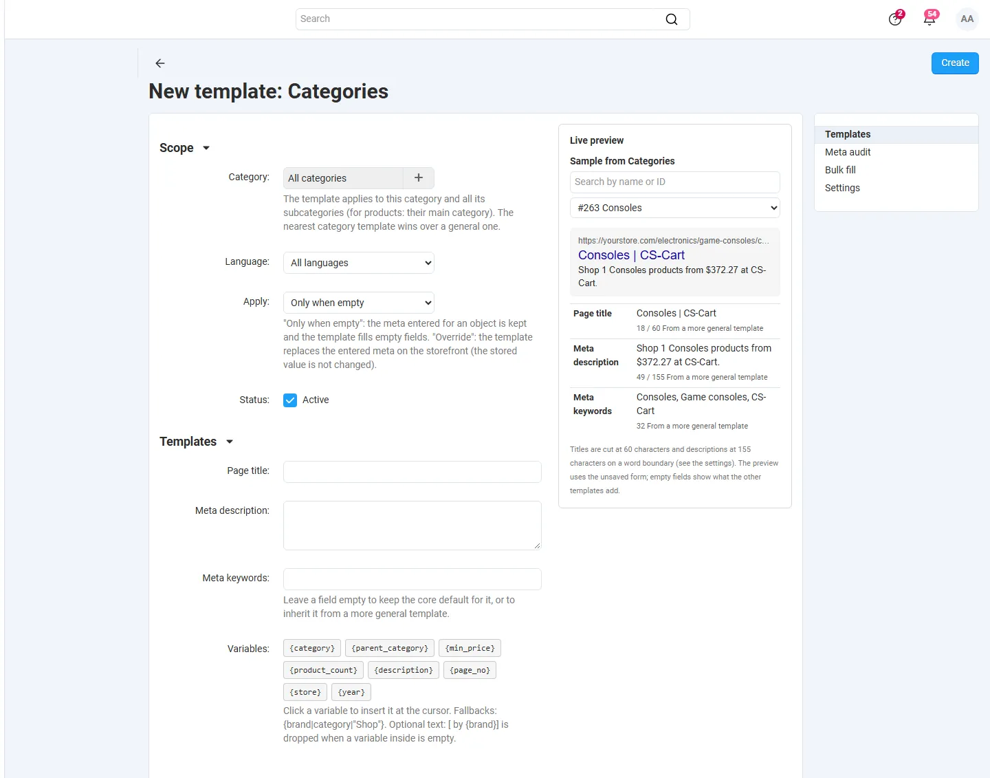 New category template with the prefilled default texts.