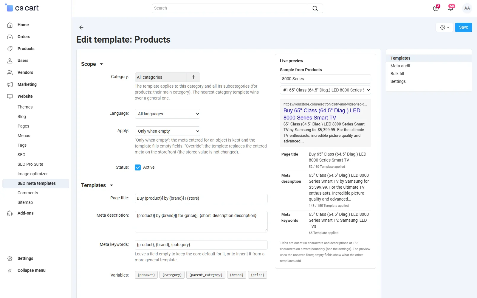Template editor with the live preview on a sample product.