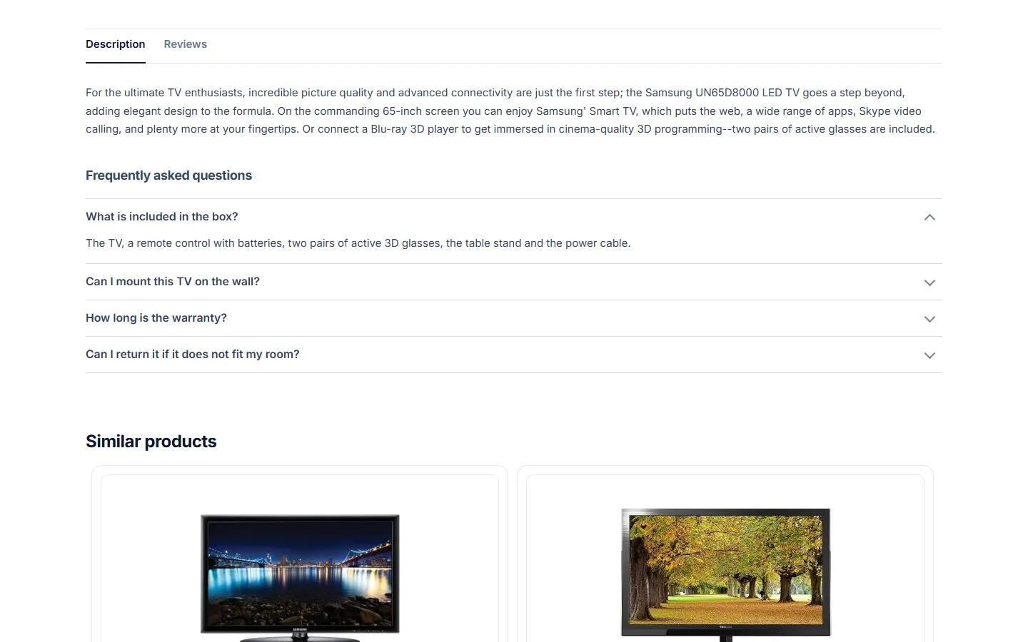 Product page: “Frequently asked questions” below the description tab, first answer open.