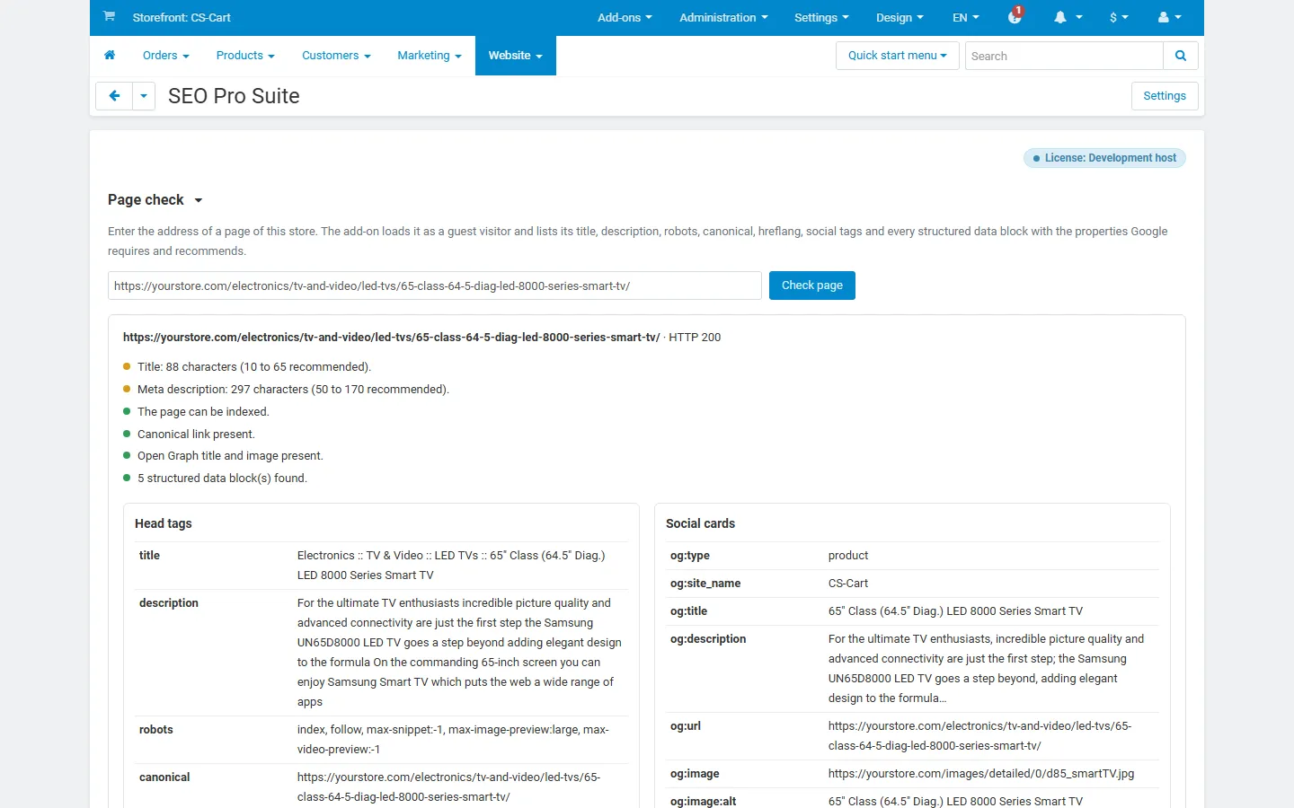Page check: title/description/robots/canonical checks, head tags and social card tags of a product page.
