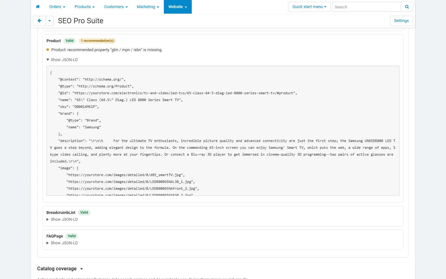 Page check: the completed Product JSON-LD block (@id, brand, images, offer with condition, seller, return policy, shipping), BreadcrumbList and FAQPage.