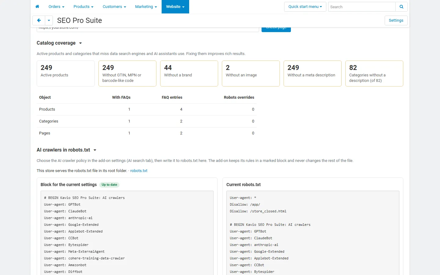 Catalog coverage: products without GTIN, brand, image or meta description; FAQ and robots override counts.