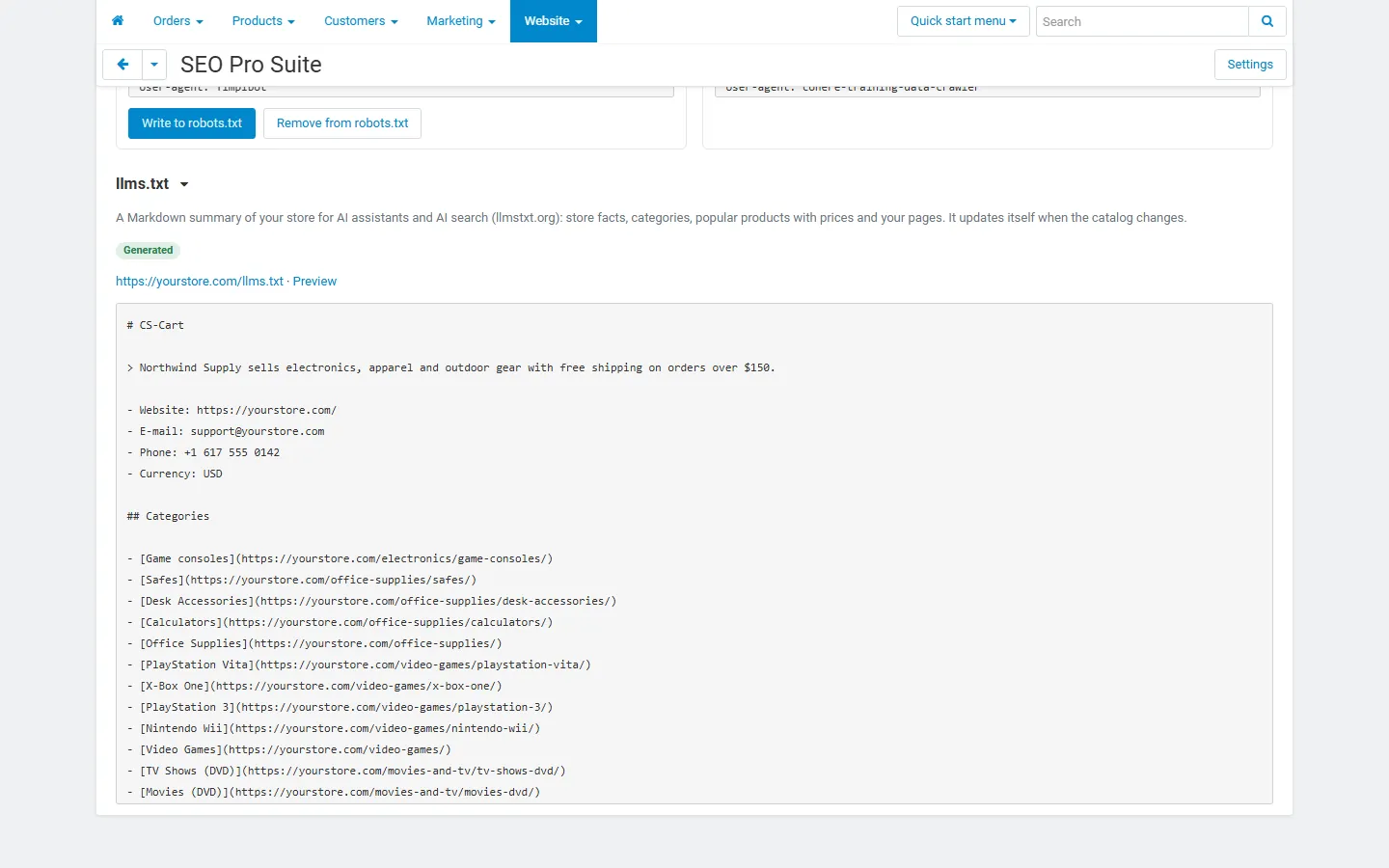 llms.txt section with the preview of the generated file (store summary, contact facts, categories).