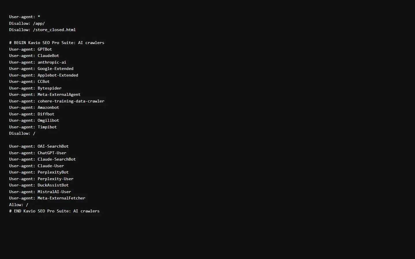 robots.txt as served: the original lines plus the add-on’s marked AI crawler block.