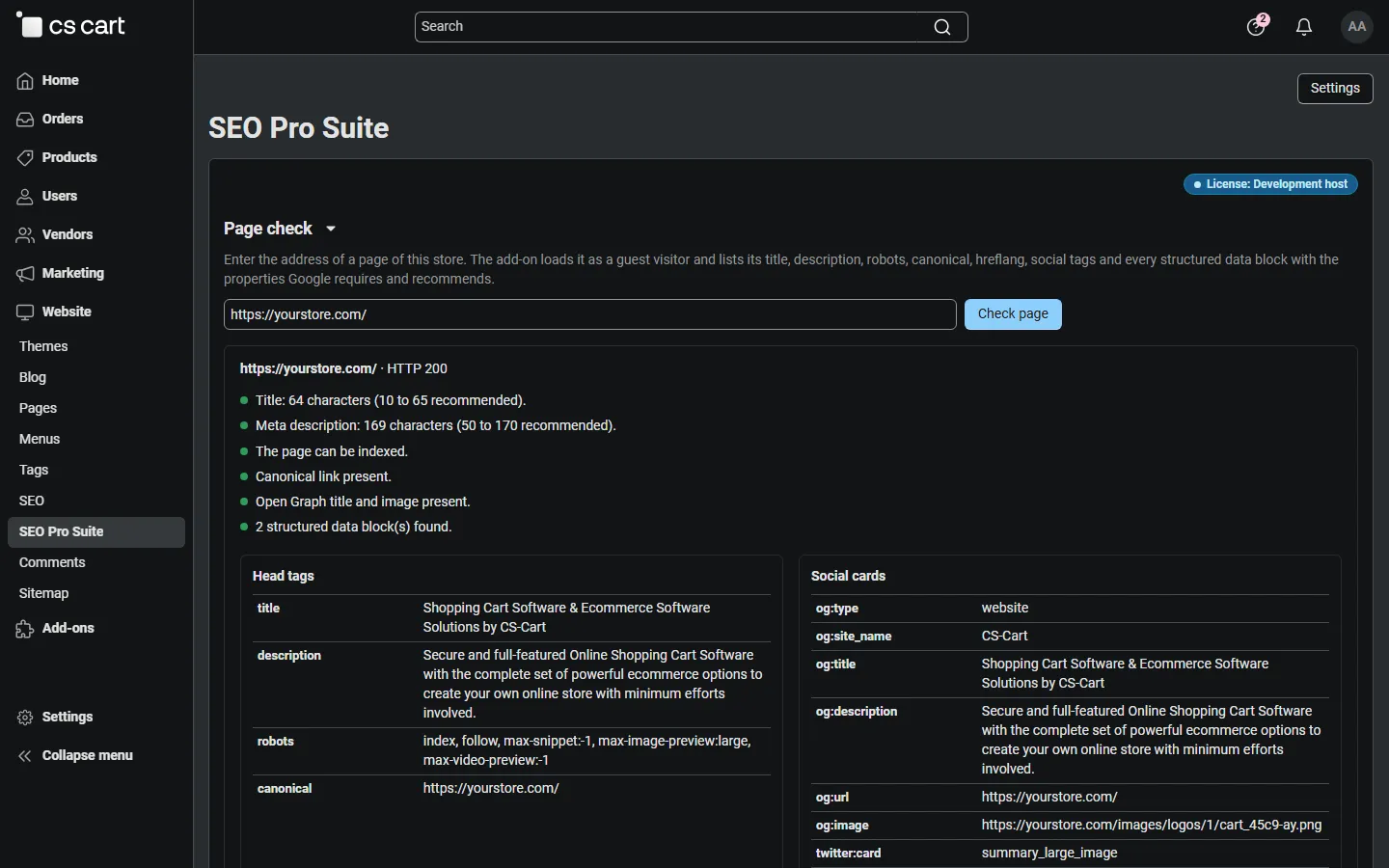 4.21 dark back office: page check of the home page (core Organization completed, WebSite, social cards).