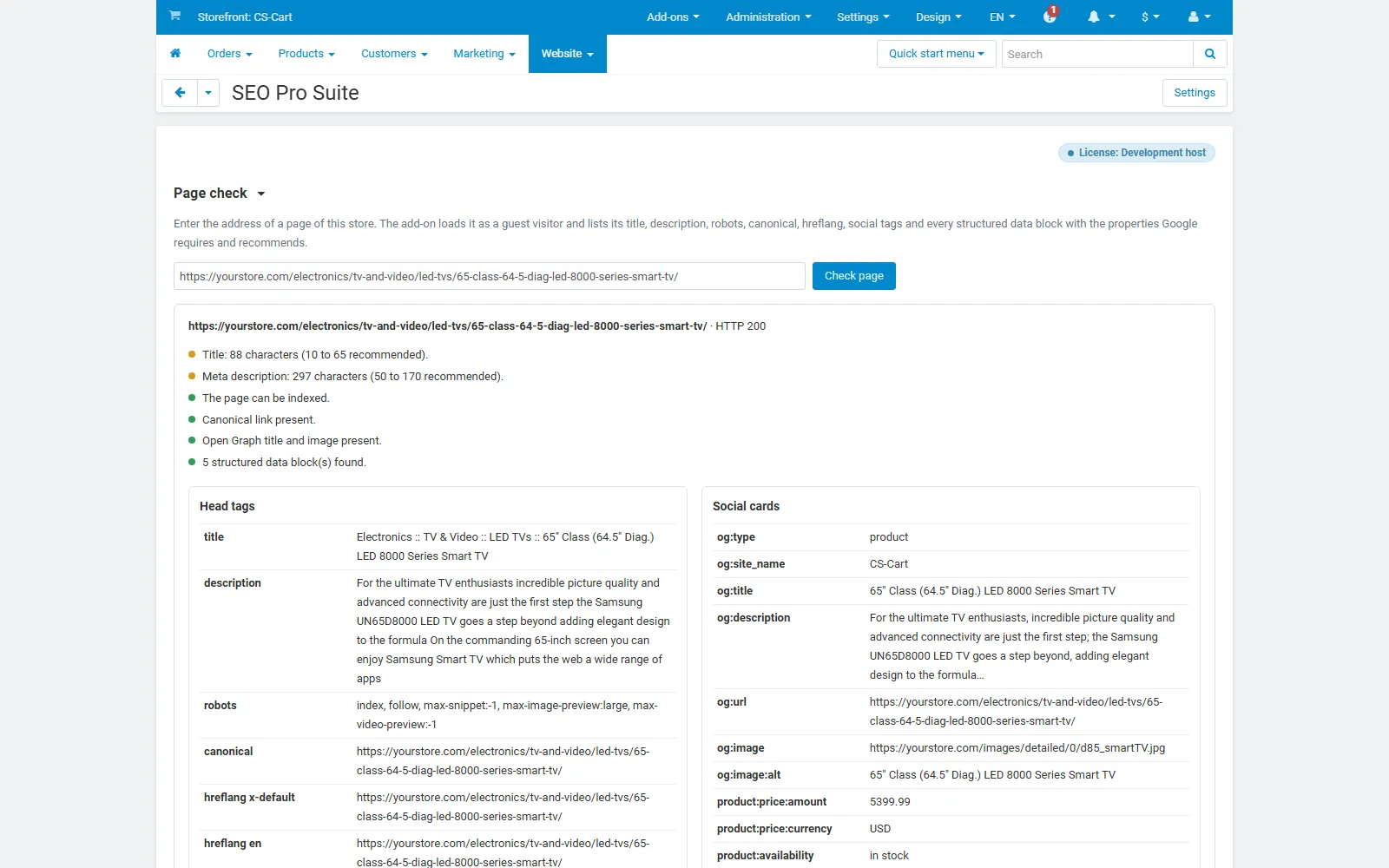 Website > SEO Pro Suite, Page check of a product page: checks, head tags and the complete Open Graph / product card tags.