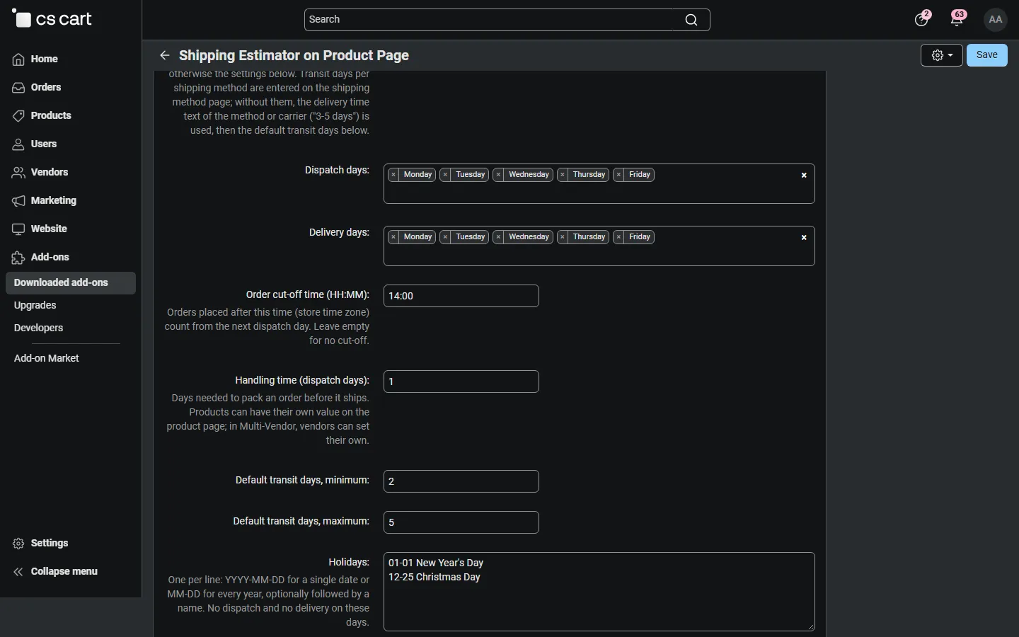 Delivery date settings