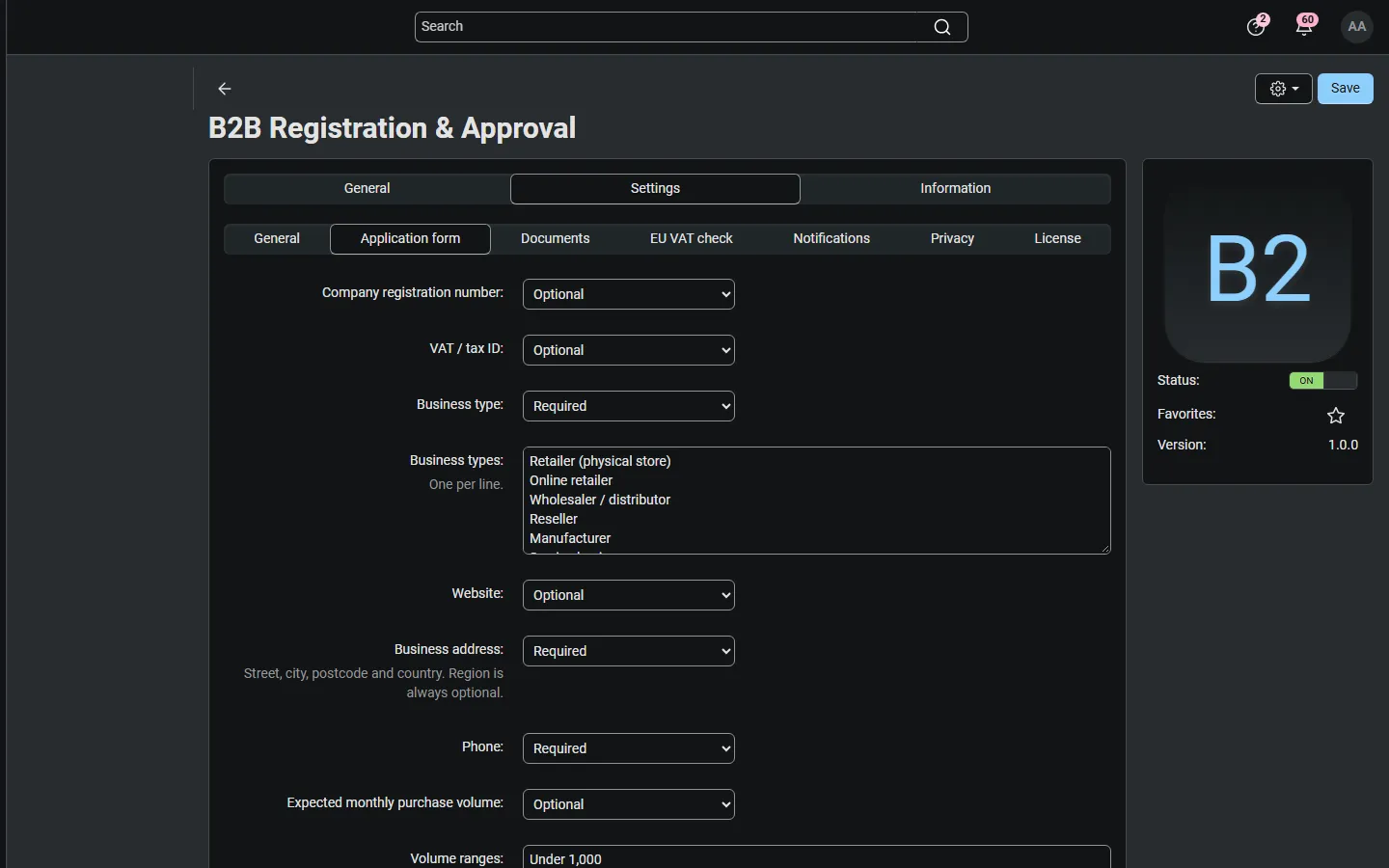 Settings, Application form: hidden / optional / required per field, business types and volume ranges.