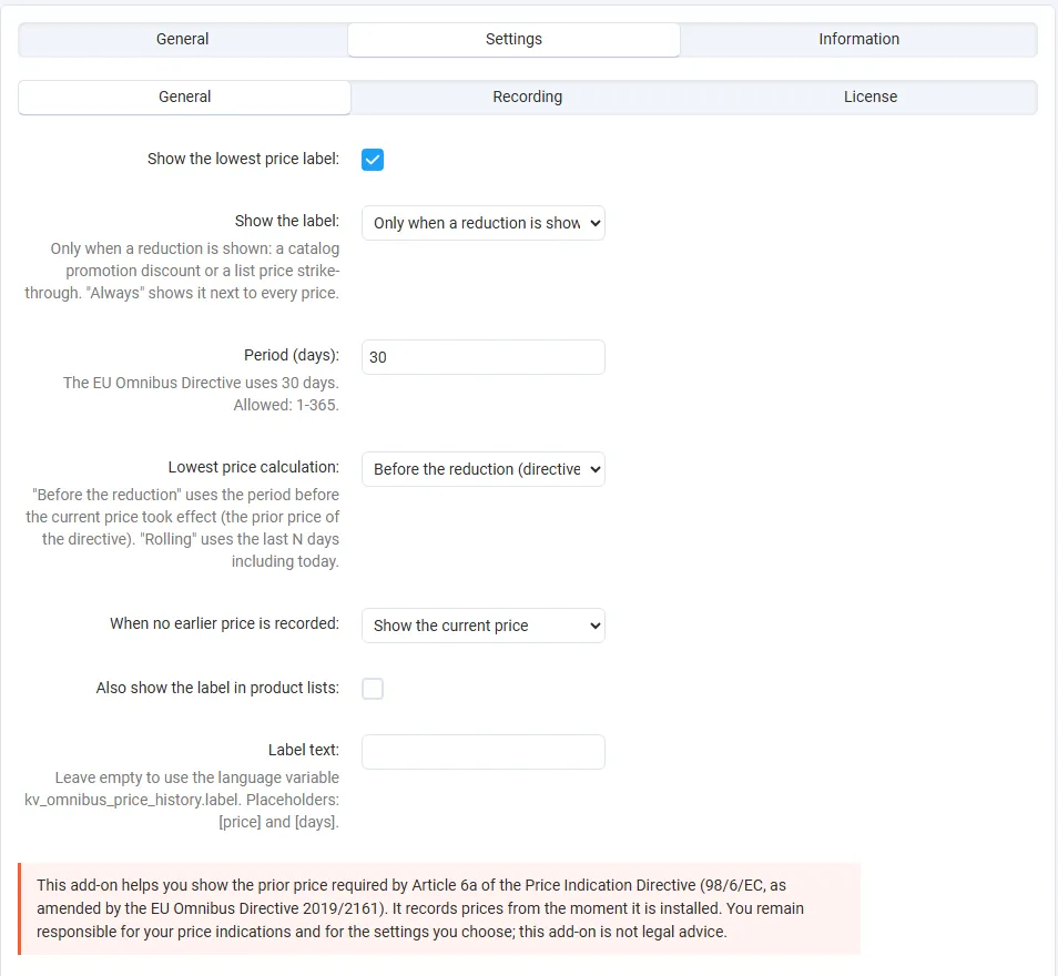 Settings: General tab
