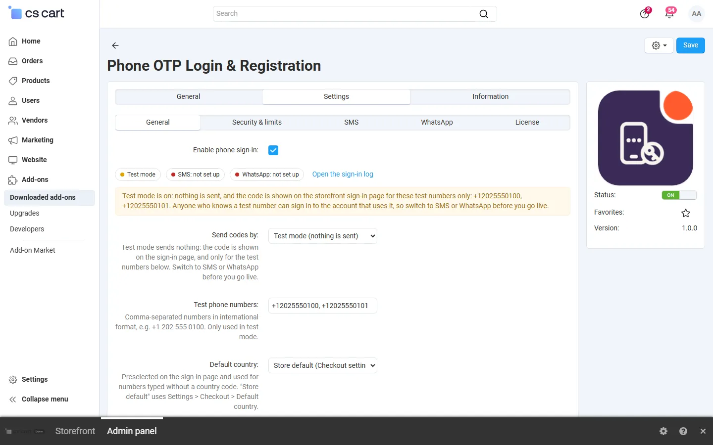 Security and limits settings
