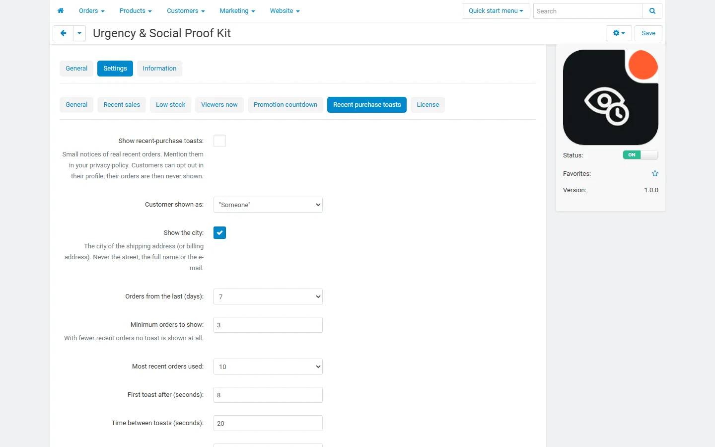 Settings, Recent-purchase toasts (off by default): anonymous or initial, city, period, minimum, timing.