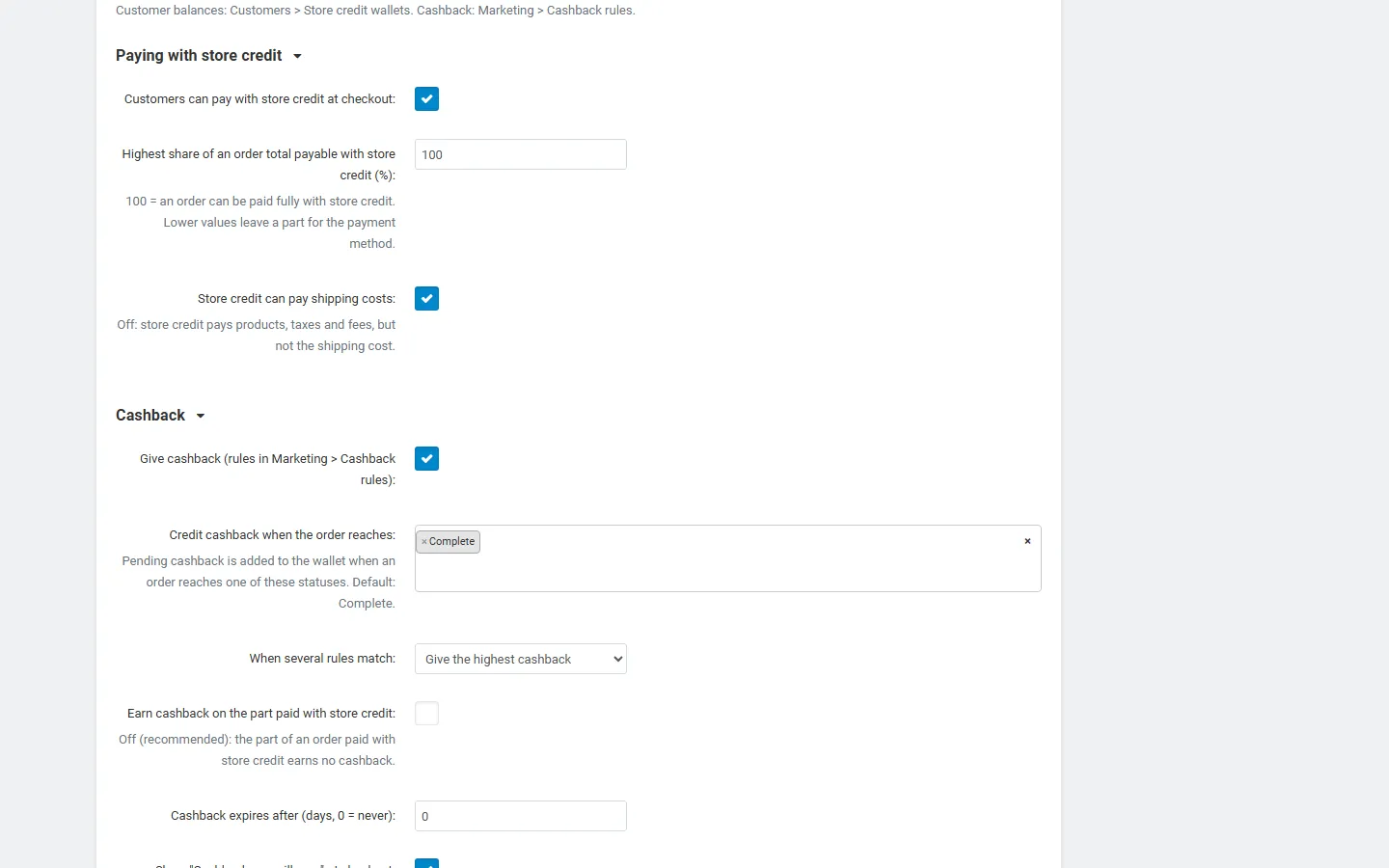 Settings: paying with store credit and cashback