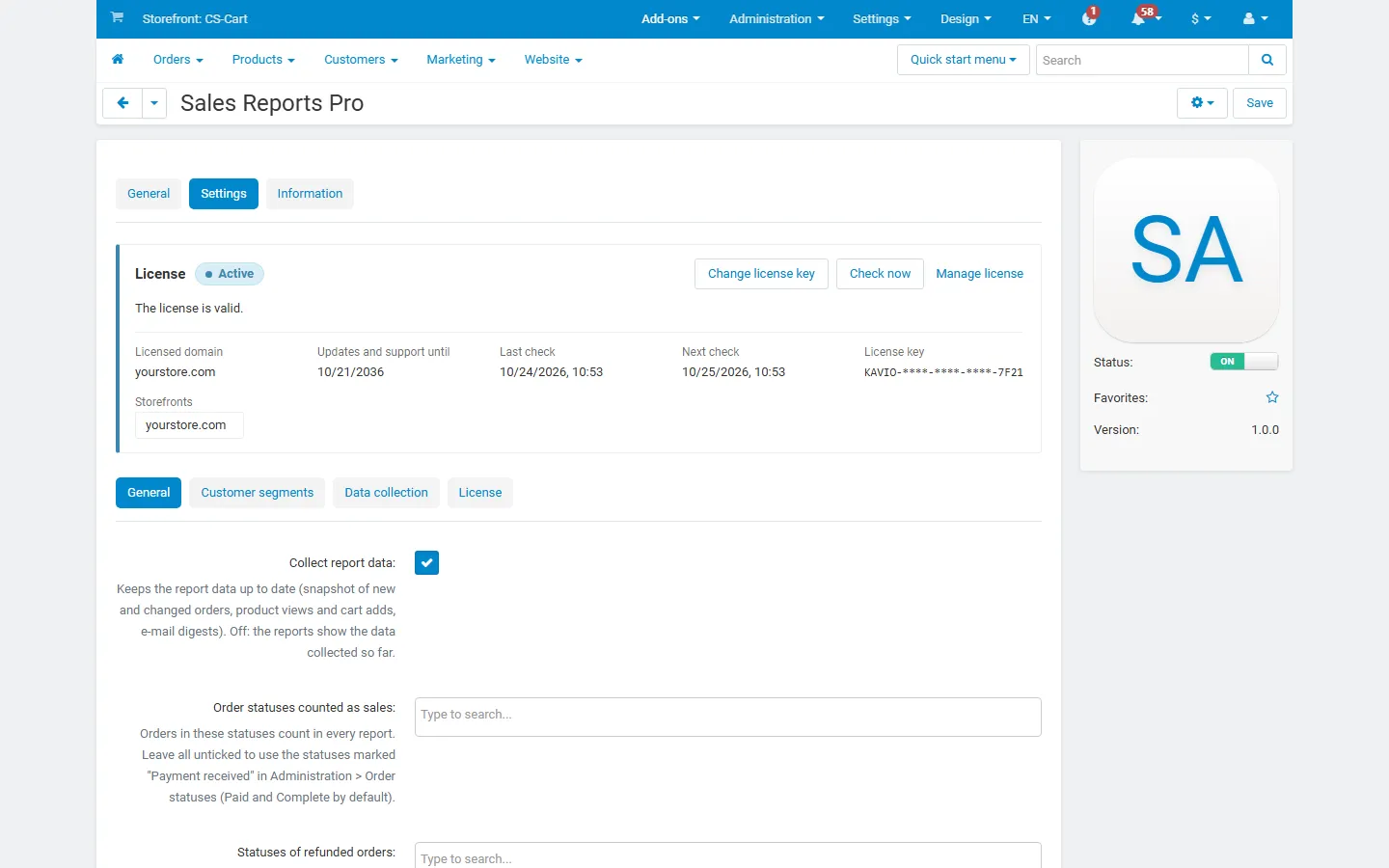 Add-on page with the license card and the general settings