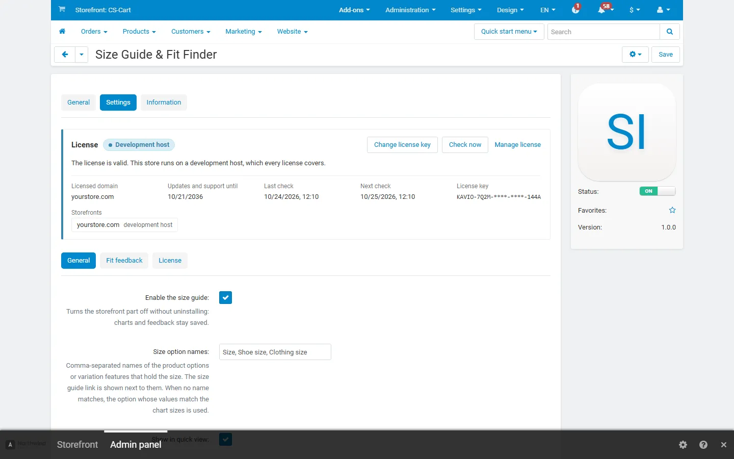 Add-on page with the license card and the general settings.