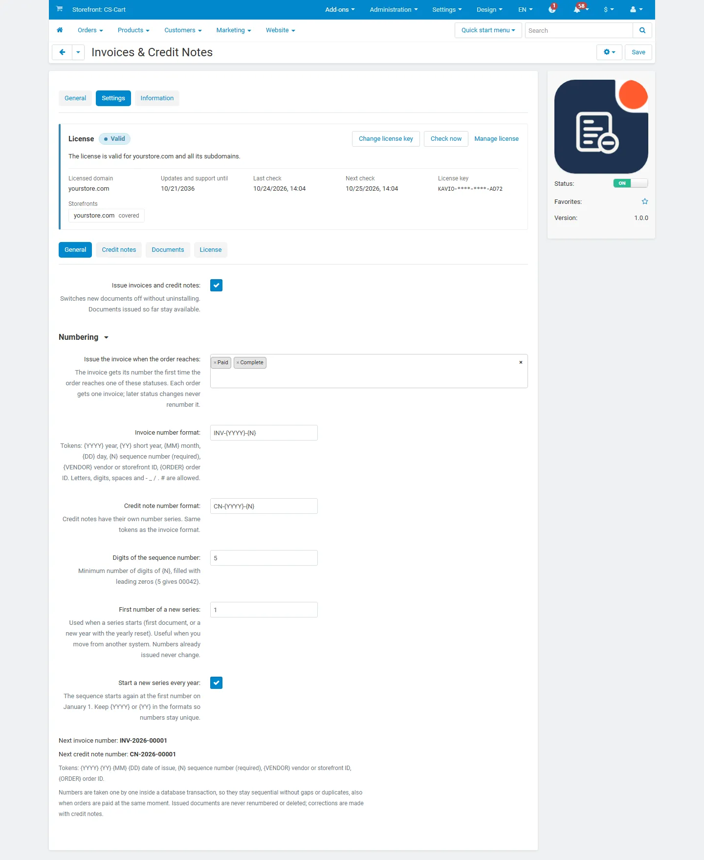 Numbering settings