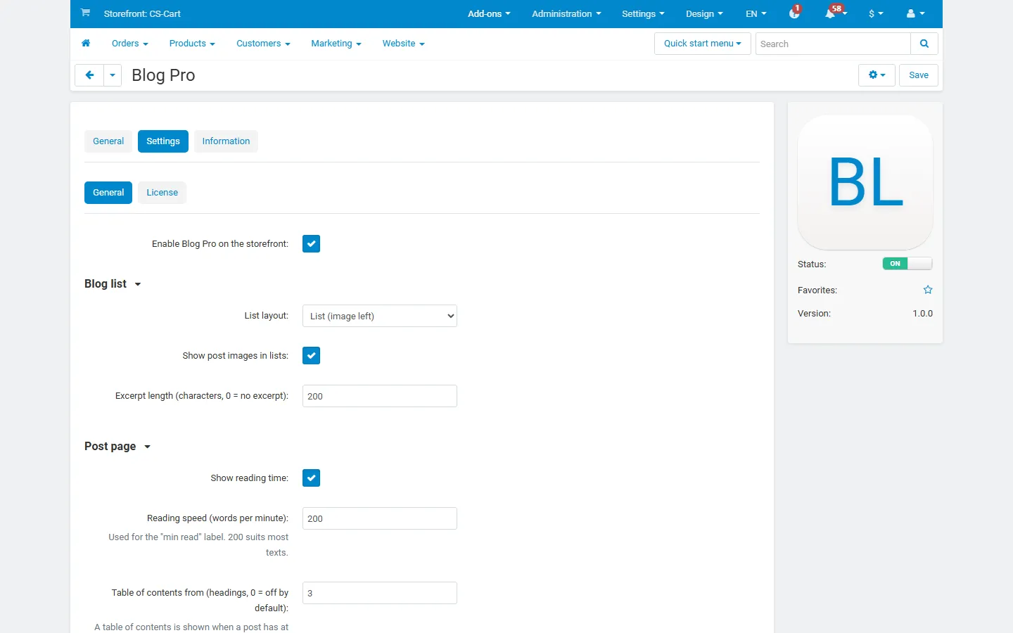 Settings: blog list layout, post page options, archives and feeds, structured data.