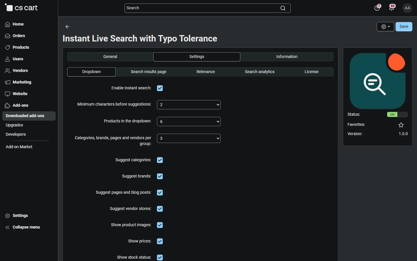 Settings: Dropdown tab
