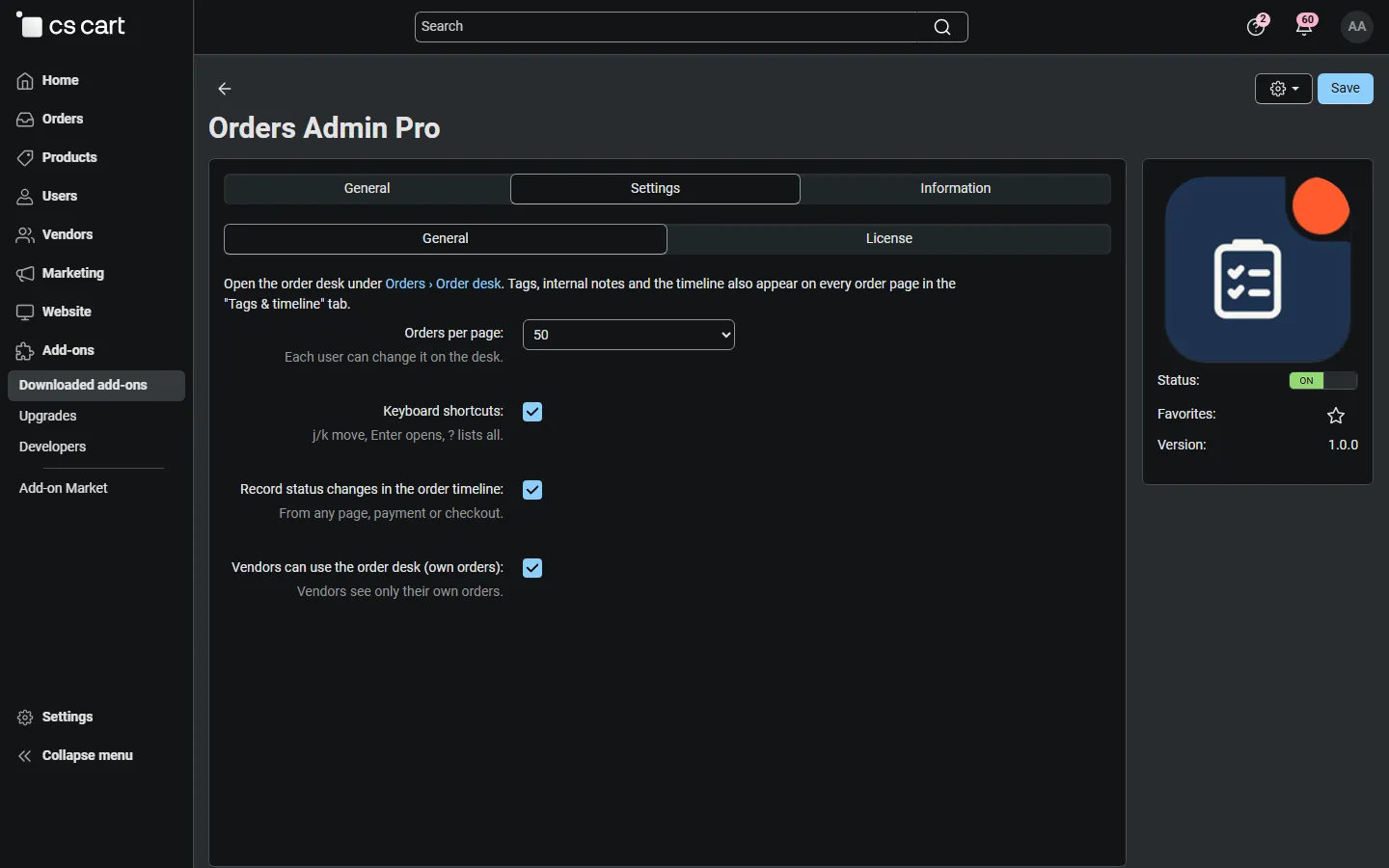 Settings of Orders Admin Pro