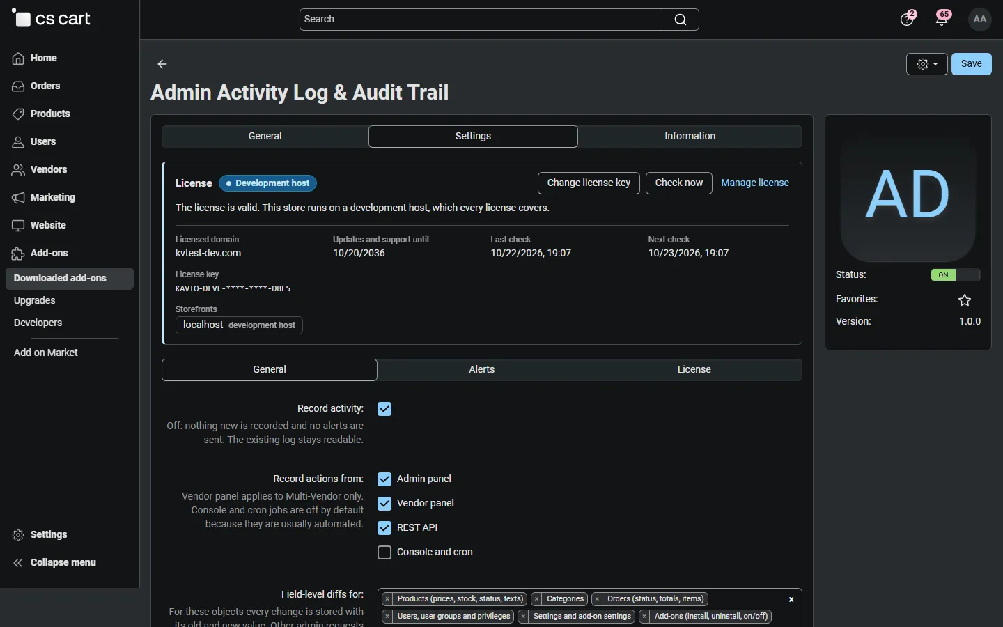 Settings of the add-on