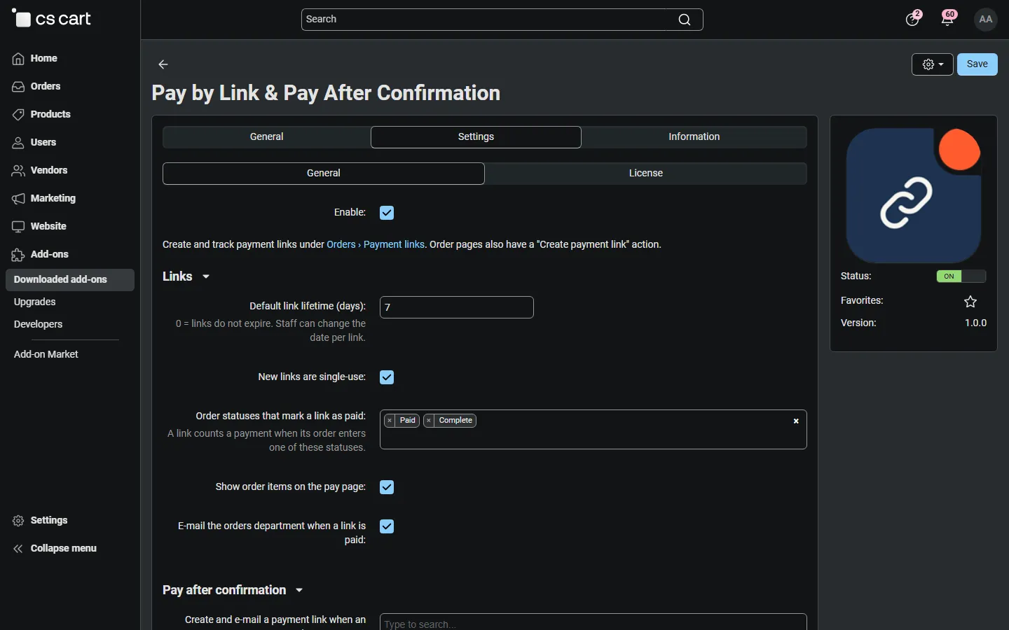 Settings of the add-on