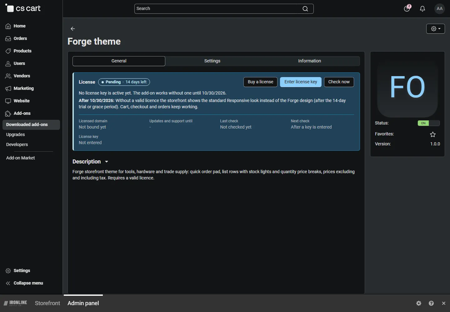 Theme settings of the Forge add-on