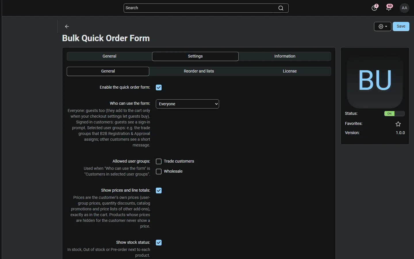 Settings: General tab