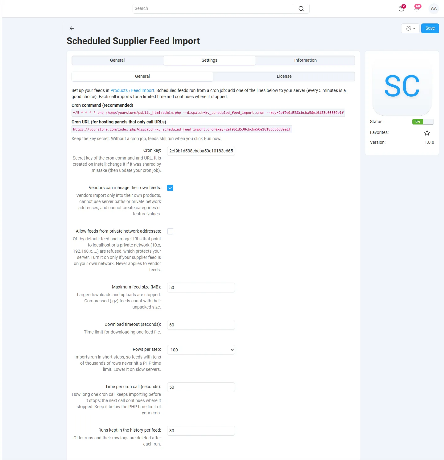 Add-on settings: cron command and URL, vendor feeds, private network guard, limits.