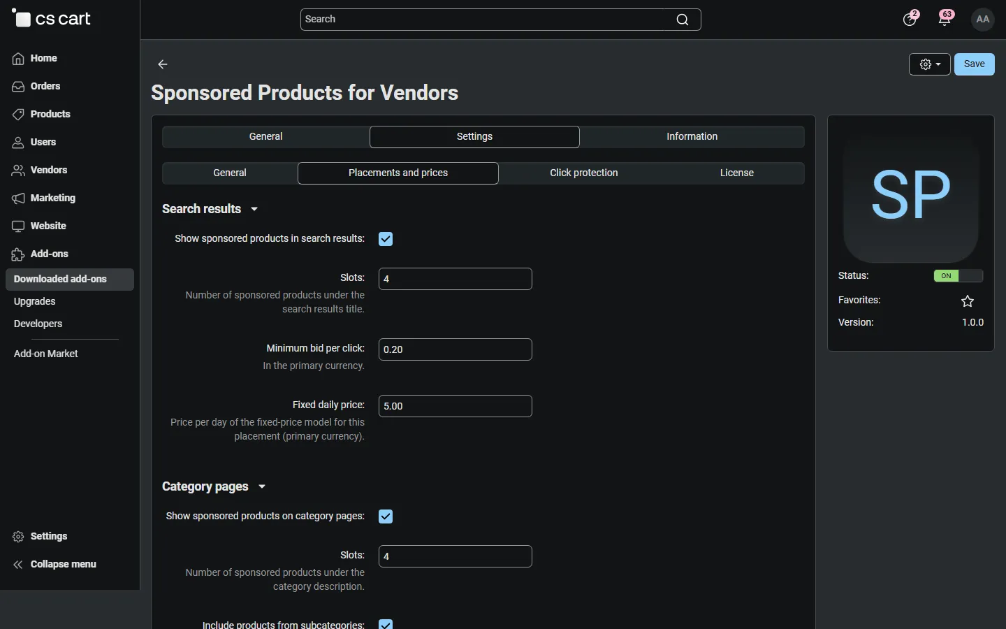 Placements and prices settings