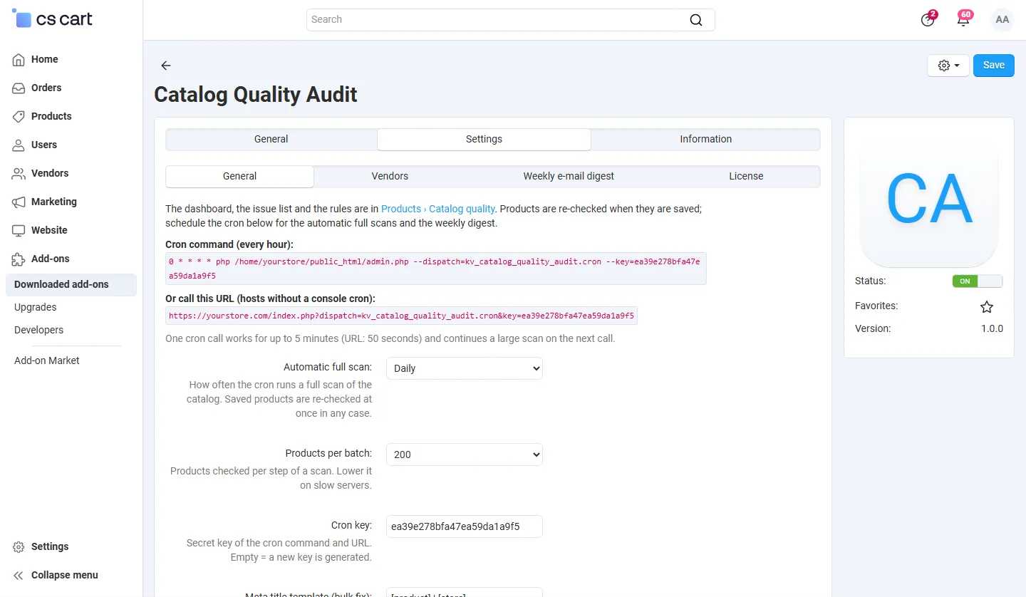 Add-on settings: cron command and URL, scan interval, batch size, meta templates.
