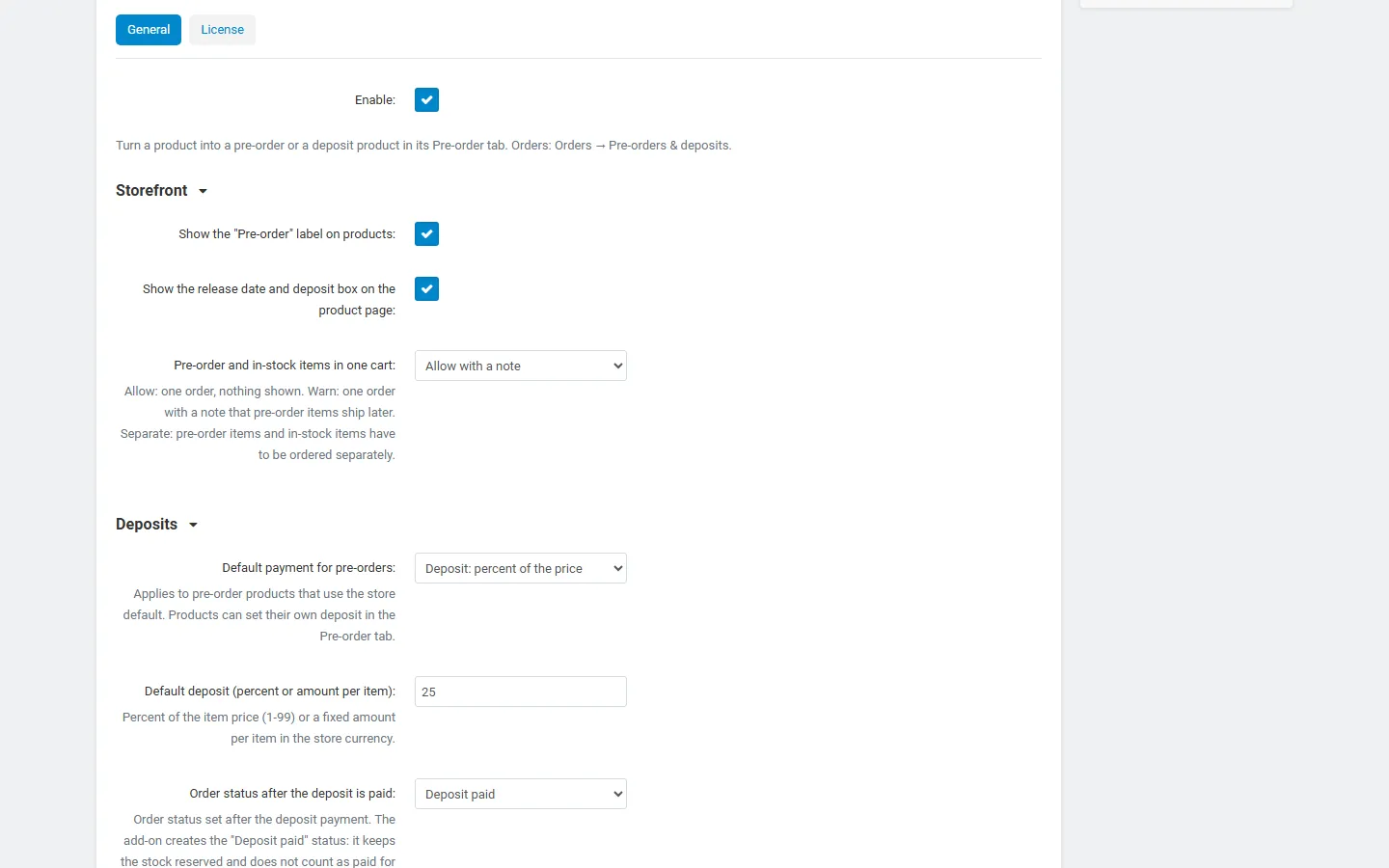 The settings: storefront, deposits and balance payment
