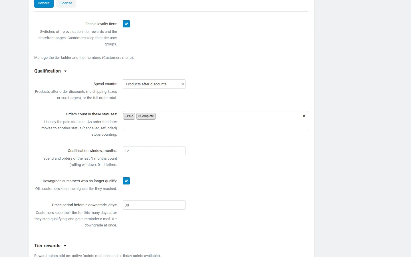 Settings: qualification window, statuses, downgrades and grace period.