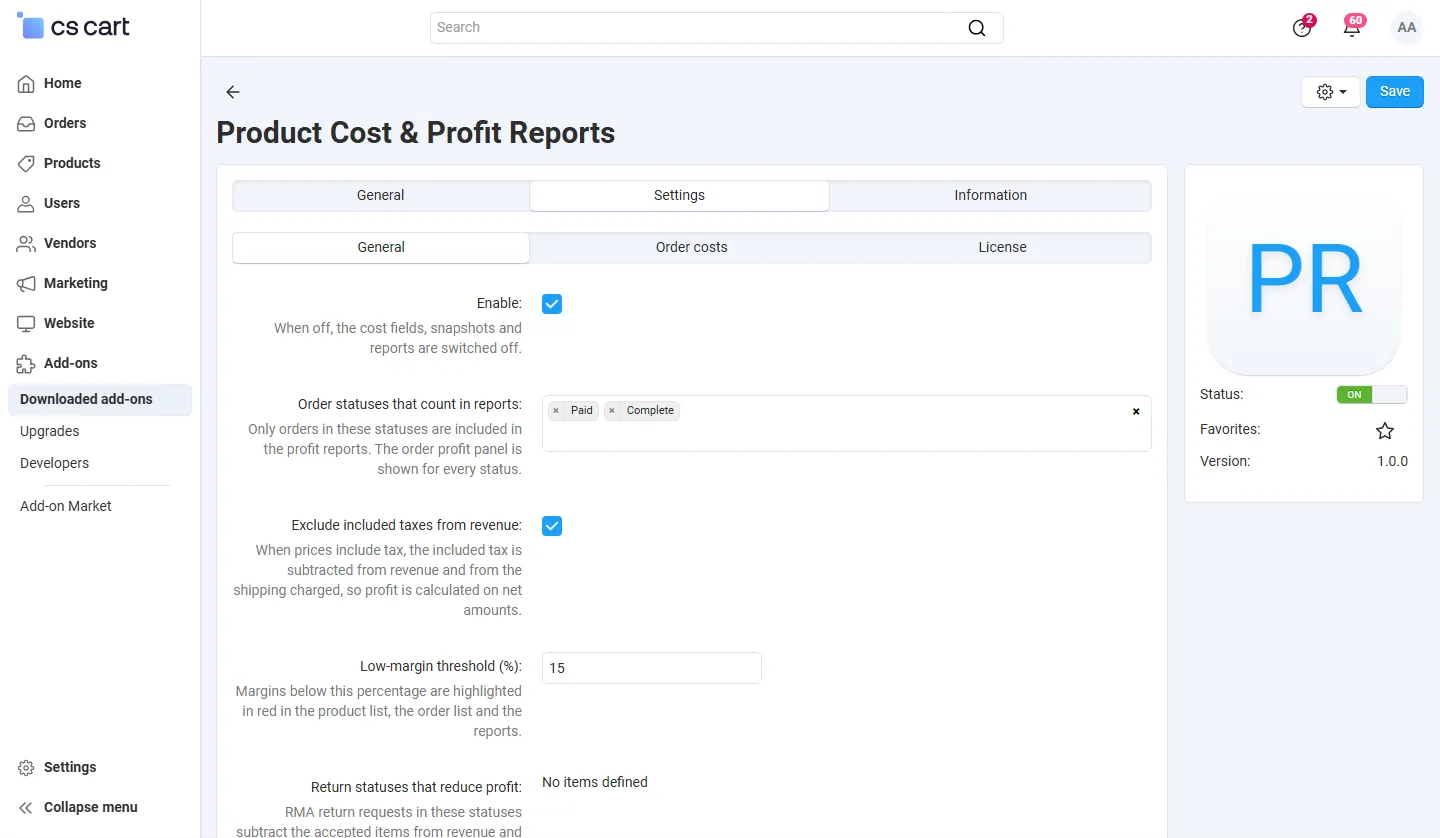Add-on settings (General tab): counted statuses, included tax, low-margin threshold, returns, vendor access.