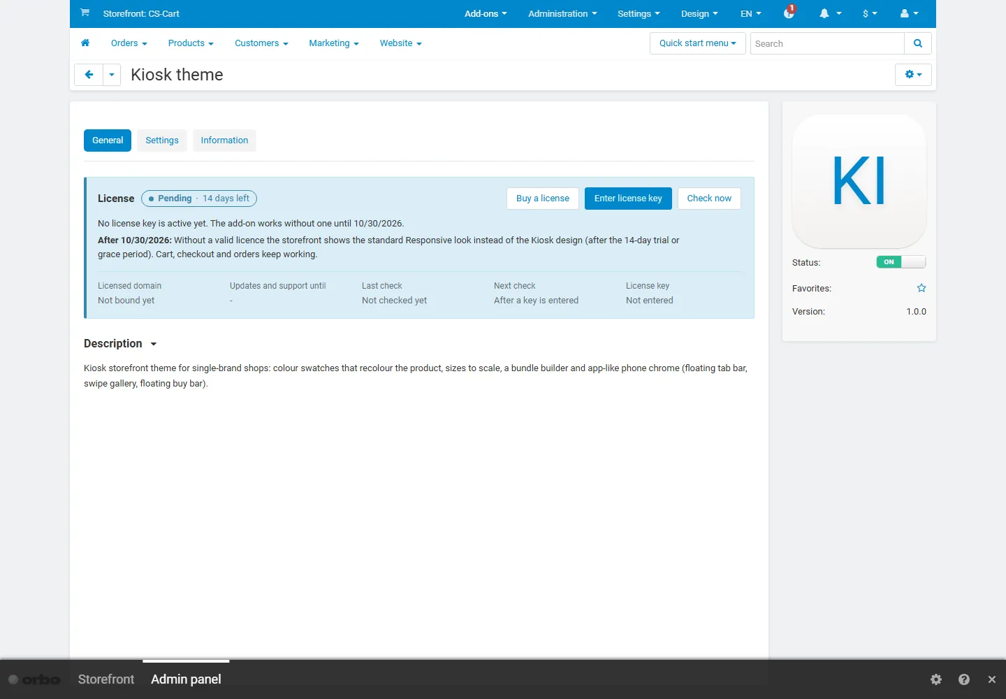 Theme settings of the Kiosk add-on