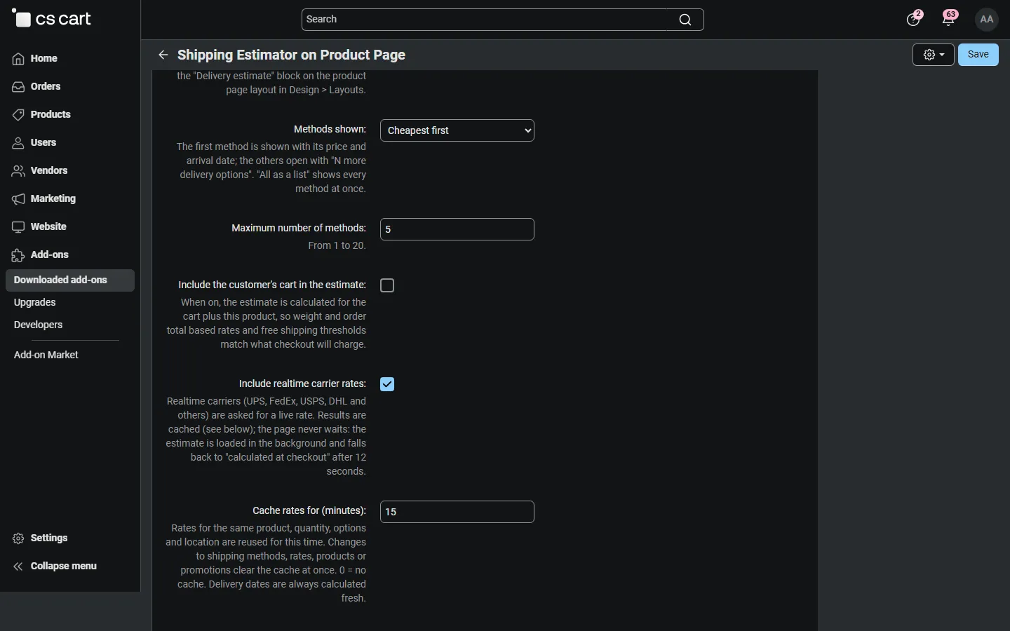 Settings: include the cart, realtime carriers, rate cache.