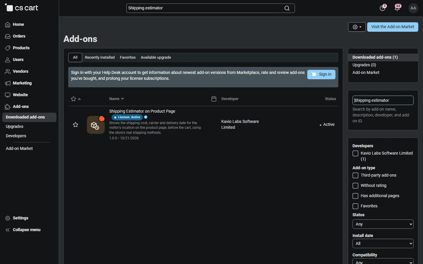 Add-ons list with the licence badge.