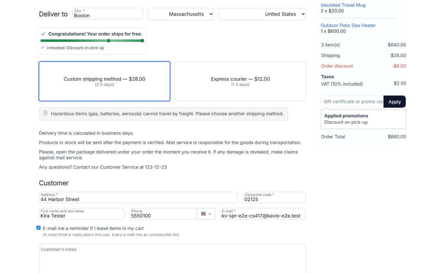 Checkout shipping step with the remaining methods and the customer note “Hazardous items … cannot travel by freight”.