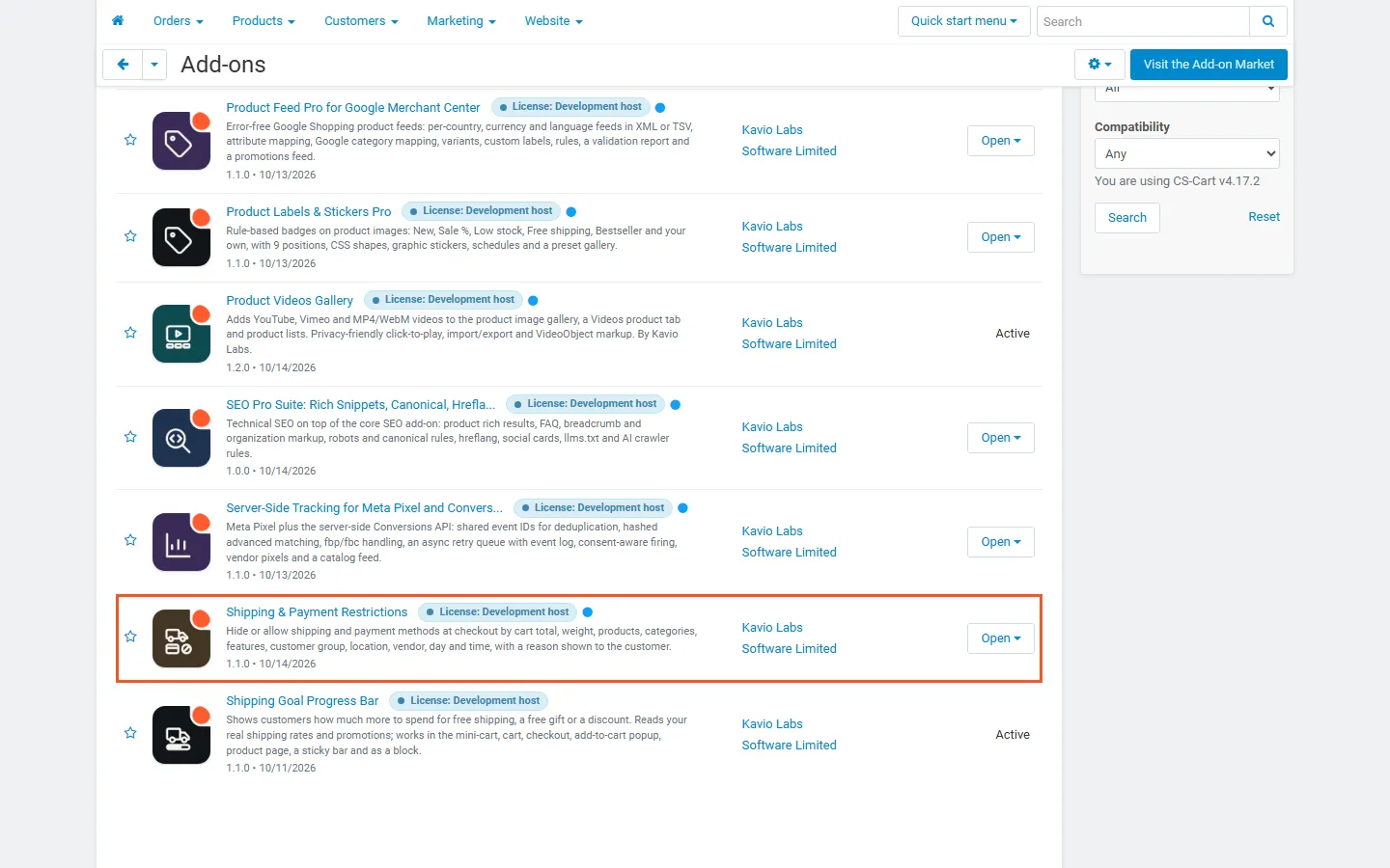 Admin, Add-ons filtered by “Restrictions”: Shipping & Payment Restrictions by Kavio Labs, active.