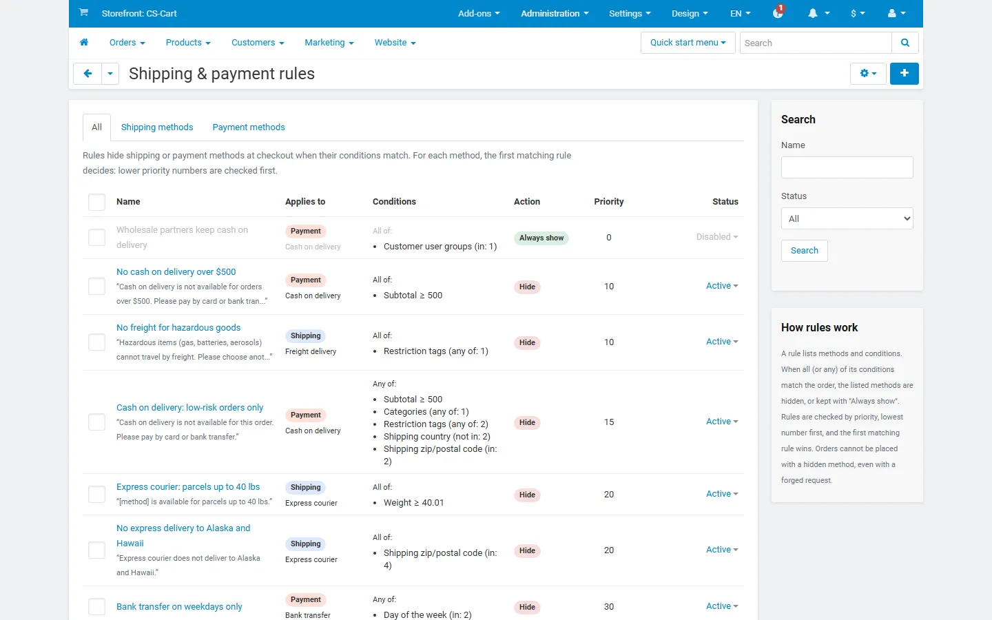 Rule list: target badges, methods, condition summaries, hide / always show, priority and status, with search and “How rules work”.