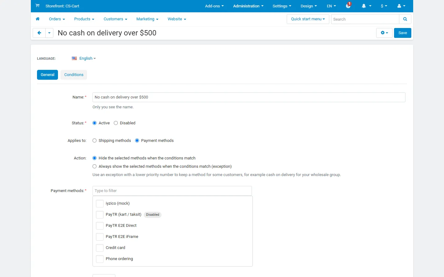 Rule editor, General tab: name, status, shipping or payment target, hide or always-show action and the method checklist with filter.