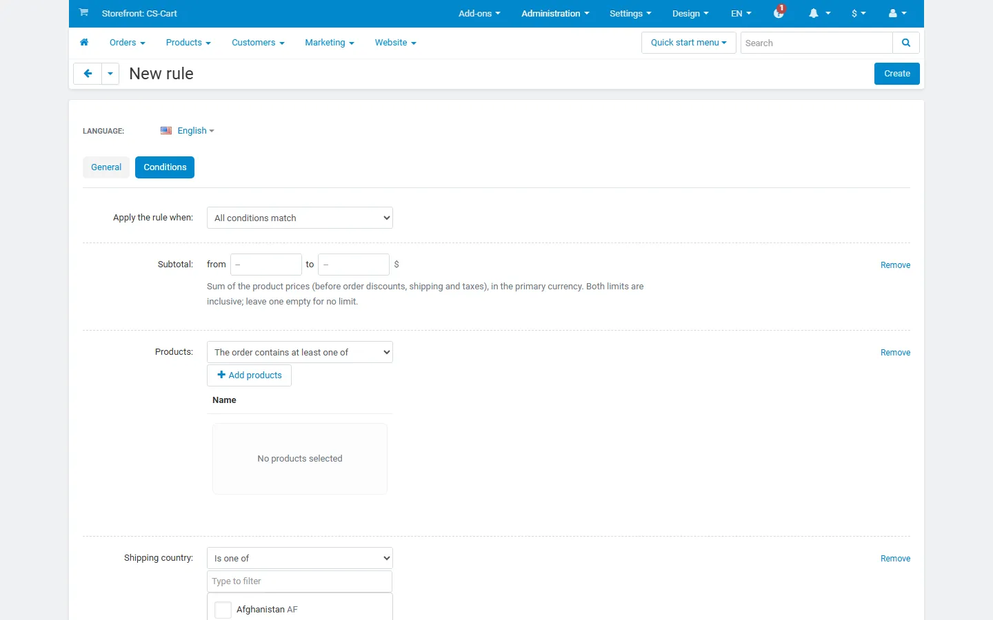 Conditions tab of a new rule: subtotal range, products picker, country checklist, selected shipping method and weekdays, plus “Add condition”.