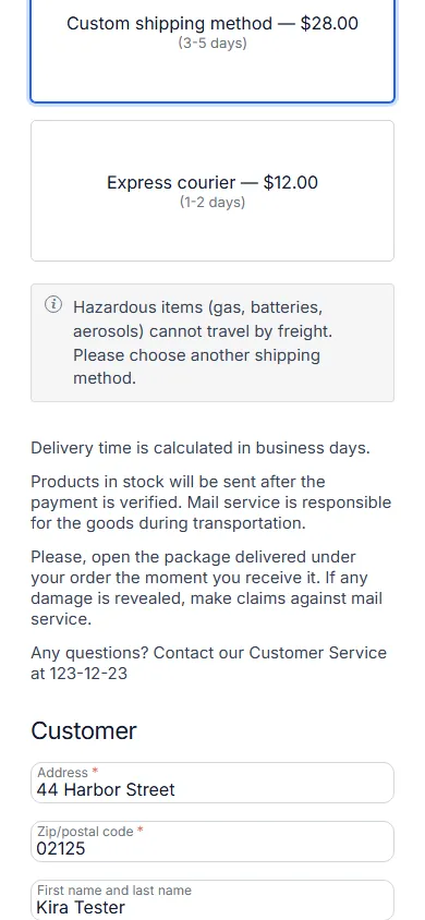 The same checkout at 390 px: the note wraps under the shipping methods.